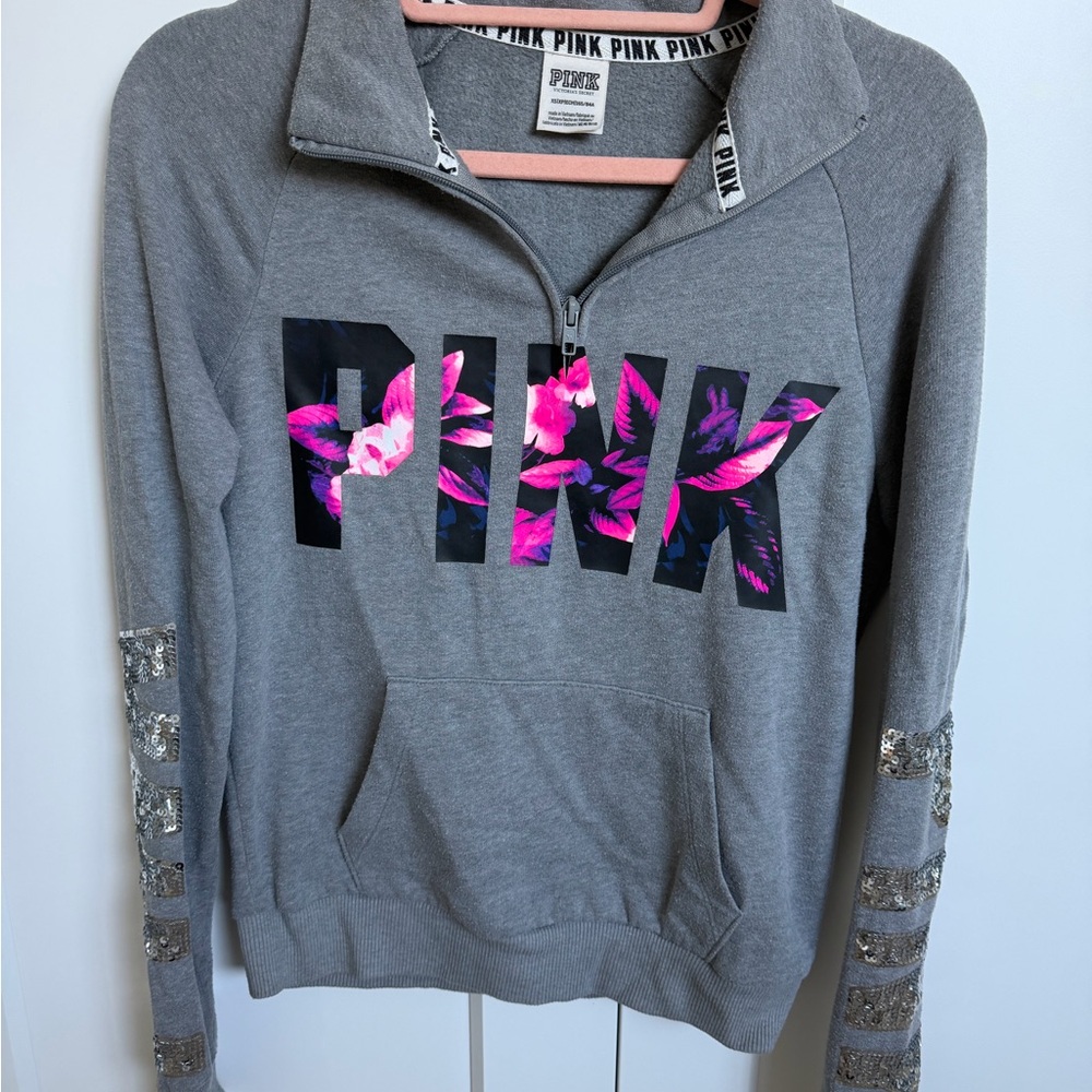 Victoria's Secret Quarter Zip Sweatshirt with Pink Floral Accents